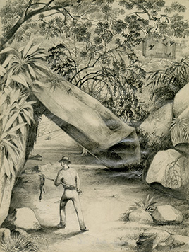 Exposition William Michaud - La «porte» vue du côté des plantations avec homme au serpent